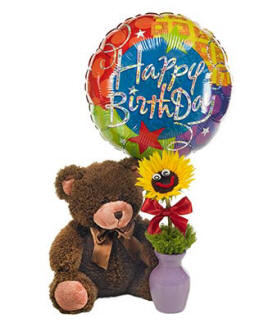 Birthday teddy bear with balloon and flower